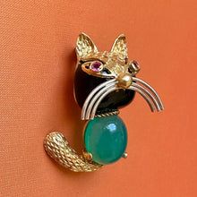 Load image into Gallery viewer, Corletto 18k Gold Onyx Ruby & Chrysoprase Cat Brooch -