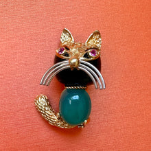 Load image into Gallery viewer, Corletto 18k Gold Onyx Ruby & Chrysoprase Cat Brooch -