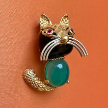 Load image into Gallery viewer, Corletto 18k Gold Onyx Ruby & Chrysoprase Cat Brooch -