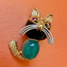 Load image into Gallery viewer, Corletto 18k Gold Onyx Ruby & Chrysoprase Cat Brooch -