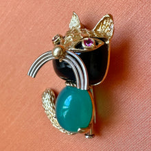 Load image into Gallery viewer, Corletto 18k Gold Onyx Ruby & Chrysoprase Cat Brooch -