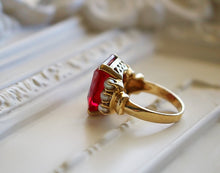 Load image into Gallery viewer, 14k Gold and Synthetic Sapphire Ring with Seed Pearls