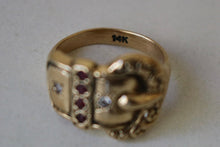 Load image into Gallery viewer, 14k Gold Diamond Buckle Ring with Garnets