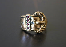 Load image into Gallery viewer, 14k Gold Diamond Buckle Ring with Garnets