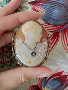 Antique Art Nouveau carved Shell Cameo “en habille" with Old Mine Diamond 1920s 