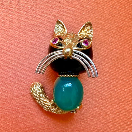 Corletto 18k Gold Onyx Ruby & Chrysoprase Cat Brooch -