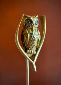 Vintage 14k Gold Diamond Eyed Owl on Wishbone Branch 