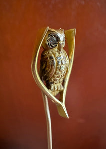 Vintage 14k Gold Diamond Eyed Owl on Wishbone Branch 