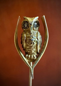 Vintage 14k Gold Diamond Eyed Owl on Wishbone Branch 