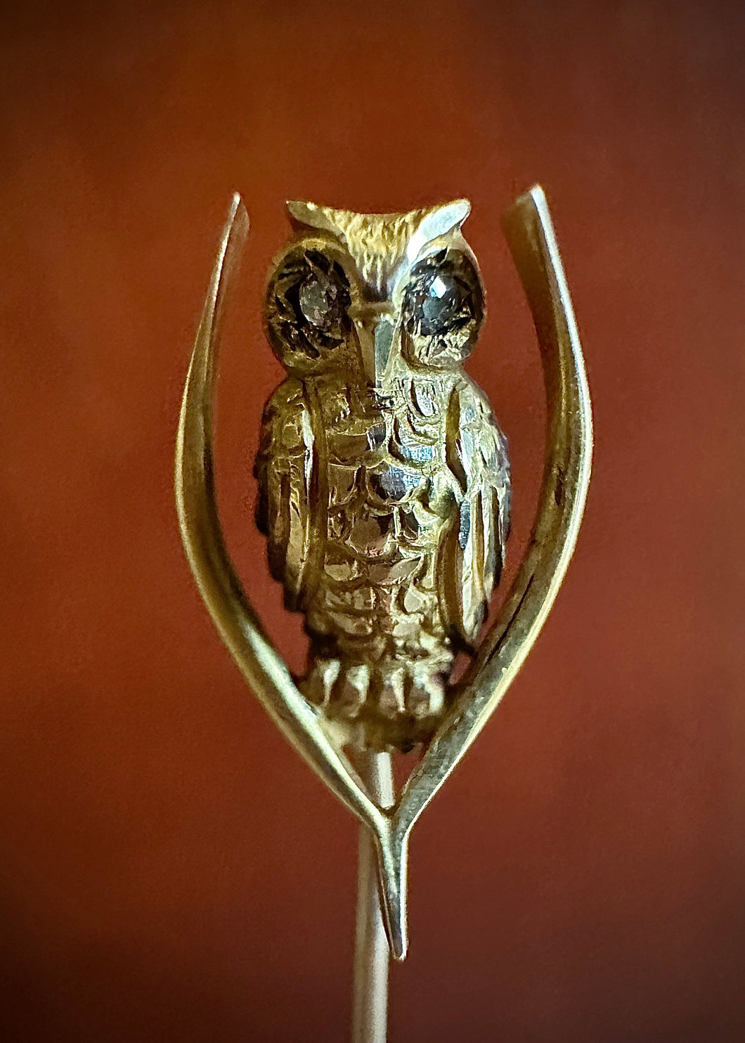 Vintage 14k Gold Diamond Eyed Owl on Wishbone Branch 