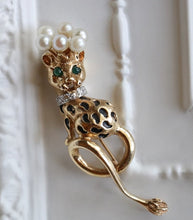 Load image into Gallery viewer, 14k Gold Cat with Crown of Pearls Emerald Eyes and Diamond 