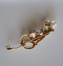 Load image into Gallery viewer, 14k Gold Cat with Crown of Pearls Emerald Eyes and Diamond 