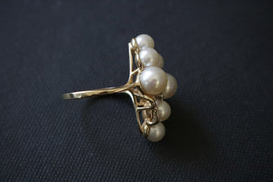 14k Gold Pearl & Diamond Cluster Ring