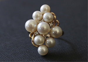 14k Gold Pearl & Diamond Cluster Ring