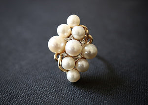 14k Gold Pearl & Diamond Cluster Ring