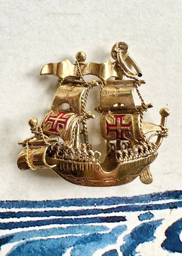 18k Yellow Gold Seven Seas Galleon / Ship Pendant - Fine