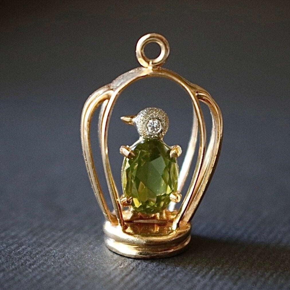 Charming 1950’s 14k Peridot and Diamond Birdcage Pendant by 