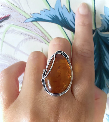 Sterling Silver & Natural Amber Ring with Art Nouveau Style 