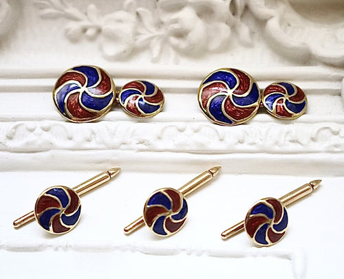 Stunning 14k and 18k Gold and Guilloché Enamel Cufflinks and Shirt Studs