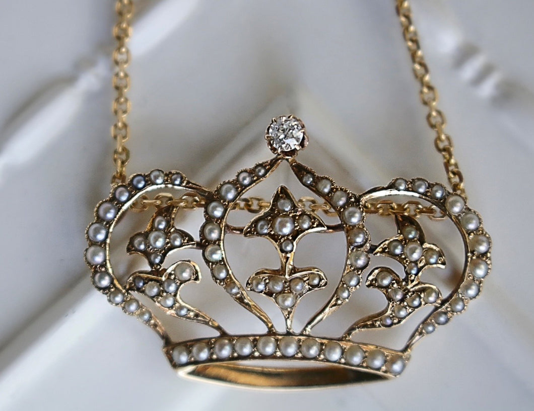 Victorian 14k Yellow Gold Seed Pearl & Diamond Crown 